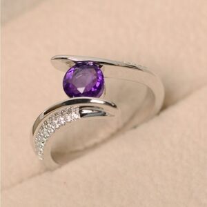 Amethyst and Zircon Gemstone Silver Plated Ring